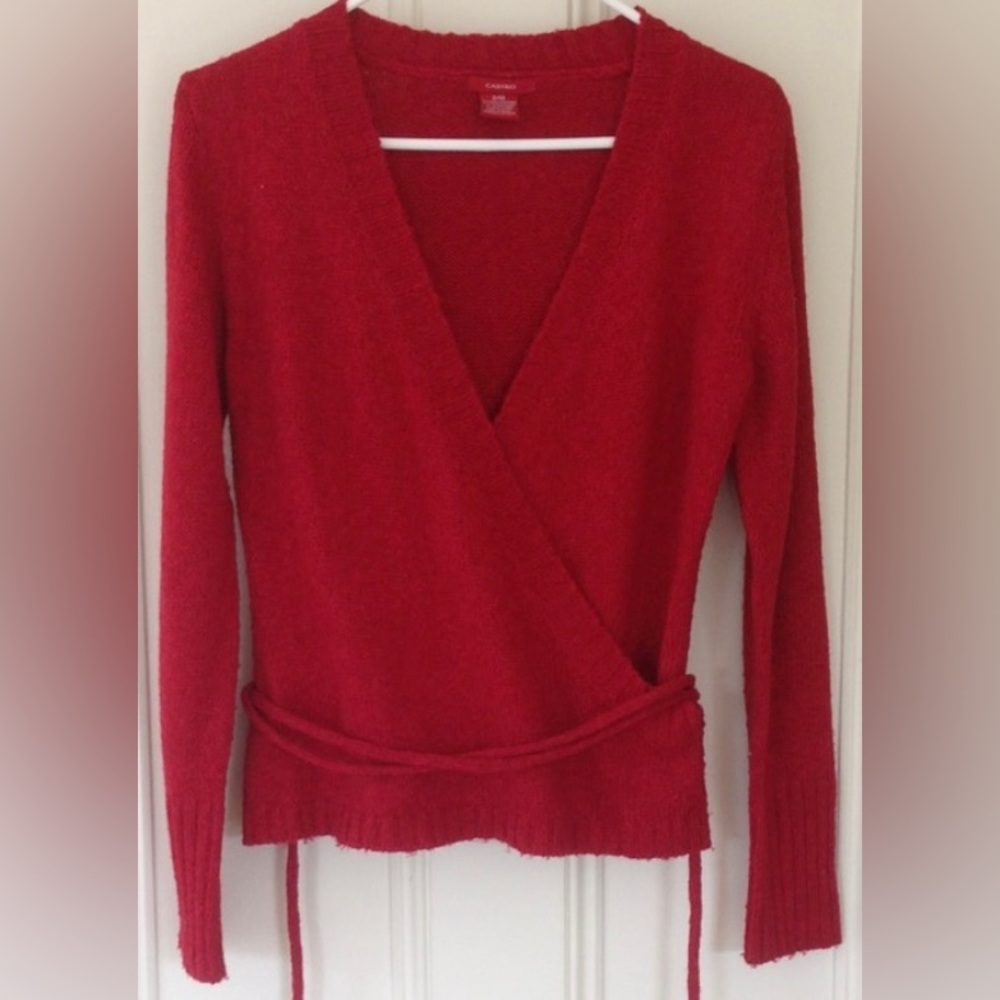 CASTRO Crossover Wrap Blouse Knit Top-Red Sweater